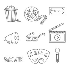Cinema film making doodle line icons set