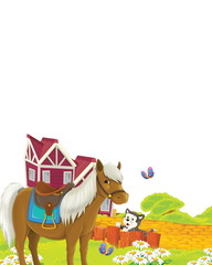 cartoon scene with cat and horse having fun on the farm on white background - illustration for children