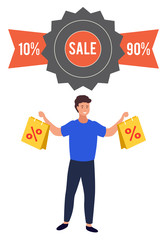 Promotional banner with big sales and reductions. 90 and 10 percent off price. Man showing bags with items bought on special offers and deals from market. Male character shopping with coupons vector