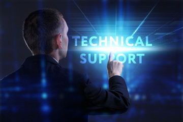 Business, Technology, Internet and network concept. Young businessman working on a virtual screen of the future and sees the inscription: Technical support