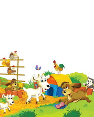 Obraz na płótnie Canvas Cartoon farm scene with animal goat having fun on white background - illustration for children
