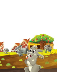 Obraz na płótnie Canvas cartoon scene with rabbit on a farm having fun on white background - illustration for children