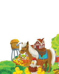 Cartoon farm scene with animal chicken bird having fun on white background with space for text - illustration for children