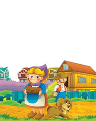 Cartoon farm scene with animal chicken bird having fun on white background with space for text - illustration for children