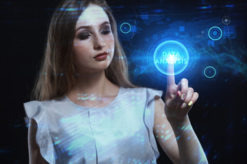 Business, Technology, Internet and network concept. Young businessman working on a virtual screen of the future and sees the inscription: Data analysis