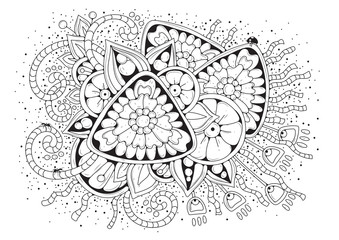Coloring book page for adult and older children. Black and white abstract floral pattern. Design for meditation. The image can be used in design and printing on fabric