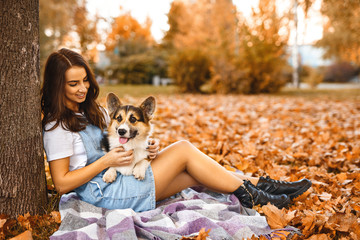 young woman together with cute Welsh Corgi Pembroke dog in a fall park outdoors. Young female owner huging pet on the orange foliage background. Concept friendship with dog and human