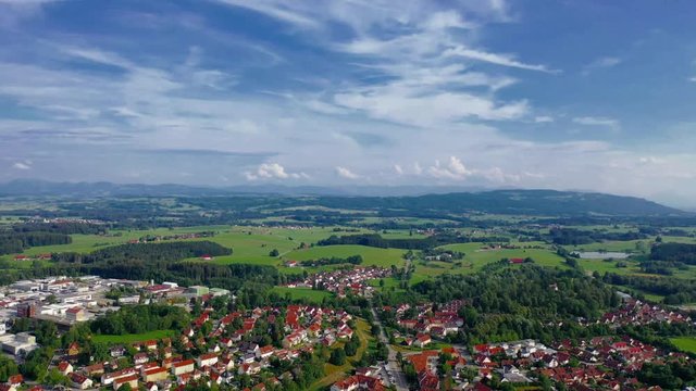 Panoramic aerial landscape from a drone from the historical medieval old town. Wangen, Germany