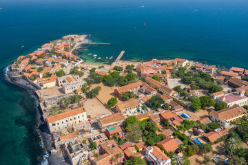 Aerial view of Goree Island. Gorée. Dakar, Senegal. Africa. Photo made by drone from above. UNESCO...