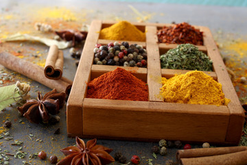 colorful spices in wooden box