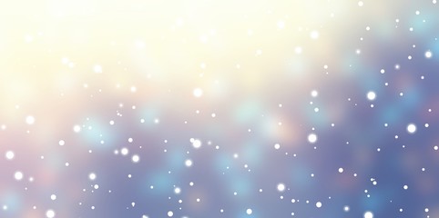 Snow fall magical empty banner. Blue yellow glare defocus background. Blurred garland lights pattern. Golden glow in wonderful winter twilight. Xmas illustration.