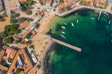Aerial view of Goree Island. Gorée. Dakar, Senegal. Africa. Photo made by drone from above. UNESCO...