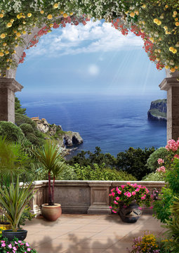 Digital mural. Open and beautiful terrace with sea view