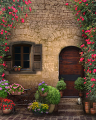 Fototapeta na wymiar Digital mural. Ancient door with beautiful flowers