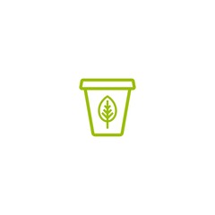 Garbage bin, trash can, wastebasket with leaves. eco line icon.