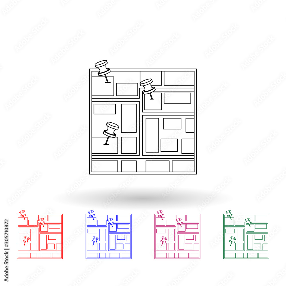 Poster pins on the map multi color icon. simple thin line, outline vector of navigation icons for ui and ux