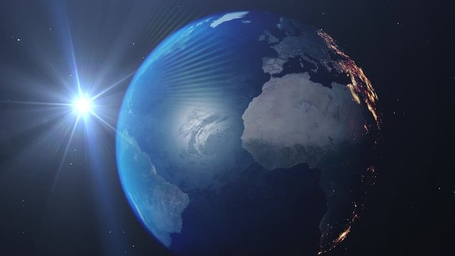 Beautiful sunrise world skyline. Planet earth from space. Planet earth rotating animation. Clip contains space, planet, galaxy, stars, cosmos, sea, earth, sunset, globe. 4k. Images from NASA