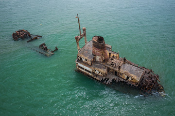 Aerial view of ship wreck near palmarin, Senegal.