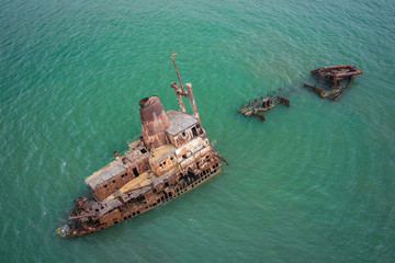 Aerial view of ship wreck near palmarin, Senegal.