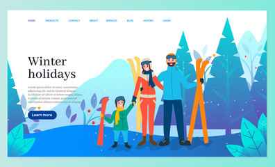 Winter holidays and recreation in wintertime vector. Father and mother with kid wearing special costume for skiers. Skiing activity of family in forest. Website or webpage template, landing page
