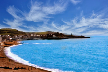 Beautiful beach view from above. Aberystwyth in summer day