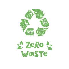 Zero waste  logo design template. Handwritten text title sign with green eco leaves. Waste management concept isolated illustration on white background