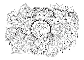 Coloring book page for adult and older children. Black and white abstract floral pattern. Design for meditation. The image can be used in design and printing on fabric