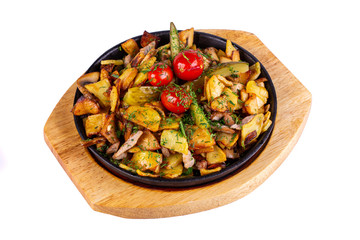Fried potatoes with meat, served in a pan