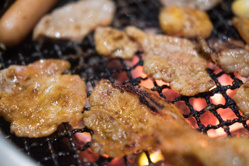 Grilled pork, a food cooking on wagyu grill
