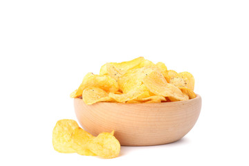 Potato chips in a bowl isolated on white background, space for text