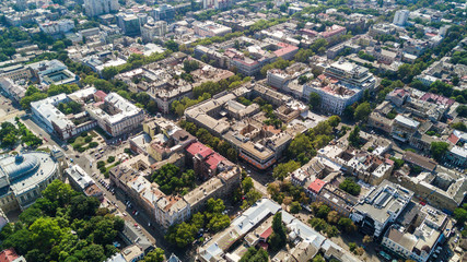 Top view of the center of the historical part of Odessa and the Odessa sea port on a sunny day