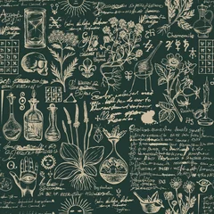 Behang Thee Vector naadloos patroon op het thema van geneeskunde en kruidenbehandeling in retro stijl. Herhaalbare achtergrond met handgetekende schetsen, onleesbare notities, verschillende kruiden en oude medische symbolen, vlekken.