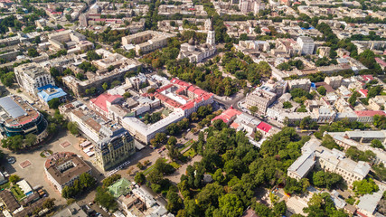 Top view of the center of the historical part of Odessa and the Odessa sea port on a sunny day
