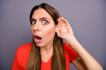 Closeup photo of crazy lady holding hand near ear listening fresh rumours wondered open mouth...