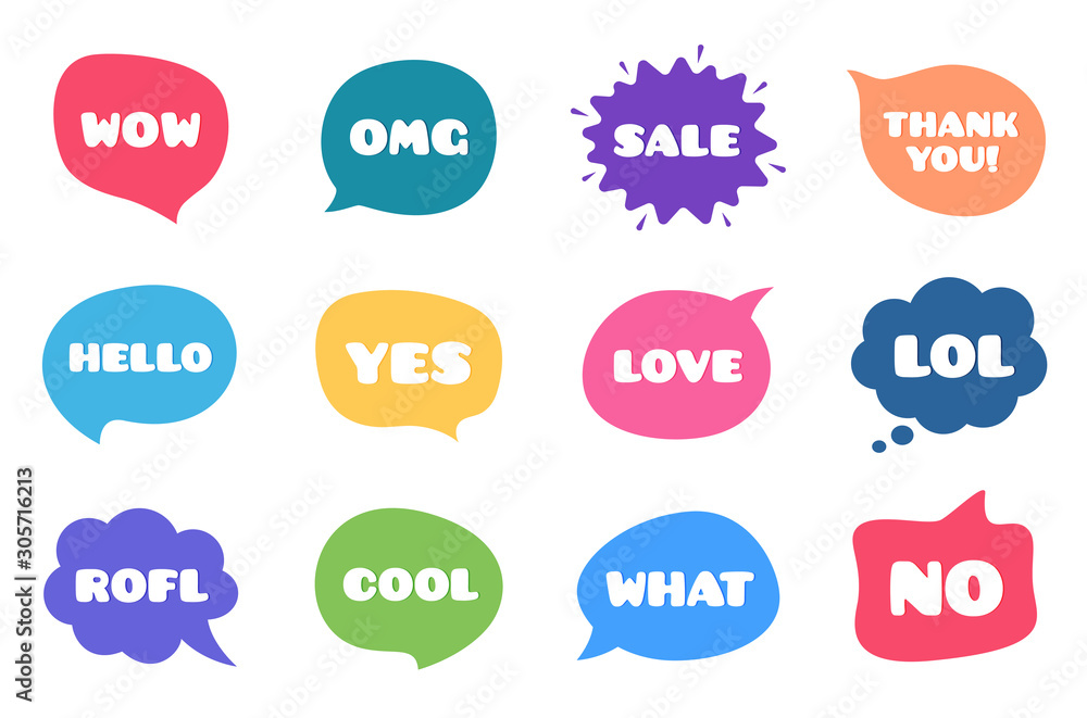 Poster chat bubble talk phrases. clouds with different words. speech bubbles with text. wow, omg and yes ta