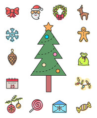 Pine tree with decoration on top of fir vector, isolated icons in flat style. Xmas outlines, santa claus and wreath, gingerbread man and deer symbol. Calendar and candy, cone and baubles toys