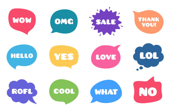 Chat bubble talk phrases. Clouds with different words. Speech bubbles with text. Wow, omg and yes tags. Vector