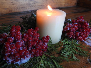 A candle on cedar branches for christmas