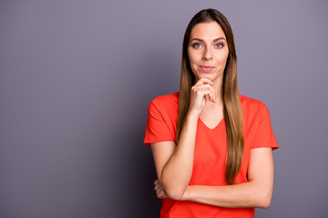 Photo of pretty funny lady looking cunning cruelly having crazy tricky idea want to fool boyfriend...