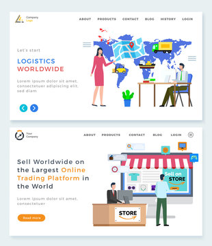 Logistics worldwide and online trading platform vector. People working with products and orders of clients, map with location and cargo status. Website or webpage template, landing page flat style