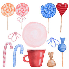 Set of colorful candies and red cup