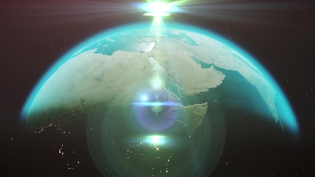 Beautiful sunrise world skyline animation. Planet earth rotates in space. Planet earth in the night lights. 4k. Images from NASA