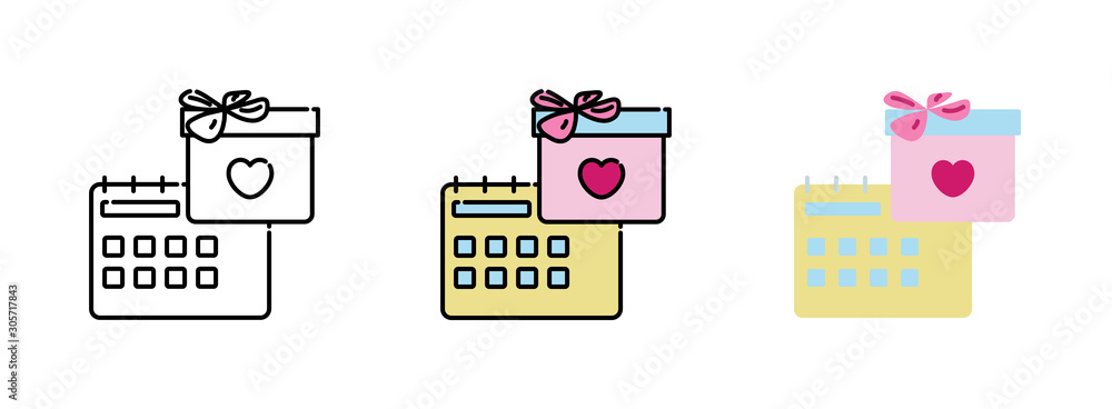 Poster gift box with heart-shaped and calendar icon set isolated on white background for web design