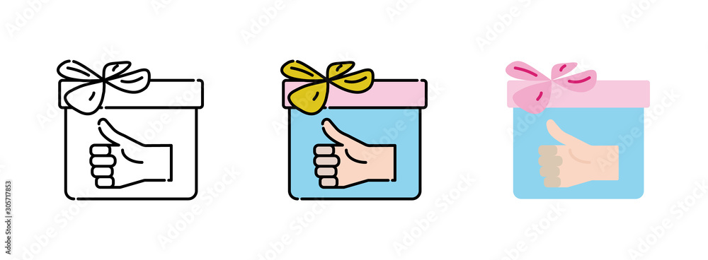 Poster gift box with thumb up icon set isolated on white background for web design