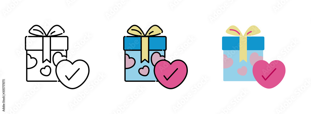 Poster gift box with heart-shaped and check mark icon set isolated on white background for web design