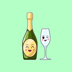 Cartoon kawaii Champagne with Grinning face. Cute Champagne bottle with Wineglass