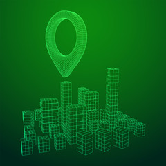 Geo map pin on Mesh low poly wireframe cubes array like skyscraper city. Connected lines town. Connection Box Structure. Digital Data Visualization Concept. Vector Illustration.. Place GPS pictogram.