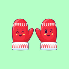 Cartoon kawaii Mittens with Grinning and Winking face. Cute red Mittens with pattern for Christmas celebration
