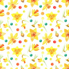 Seamless pattern with yellow narcissus, colorful confetti. Hand painted floral watercolor stock  illustration.  Perfect for easter invitations cards and decoration.
