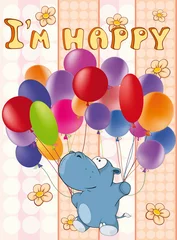 Gordijnen Happy Birthday Card Cute Cartoon Character Hippo . Vector Greeting Card. Happy Moment. Congratulation © liusa